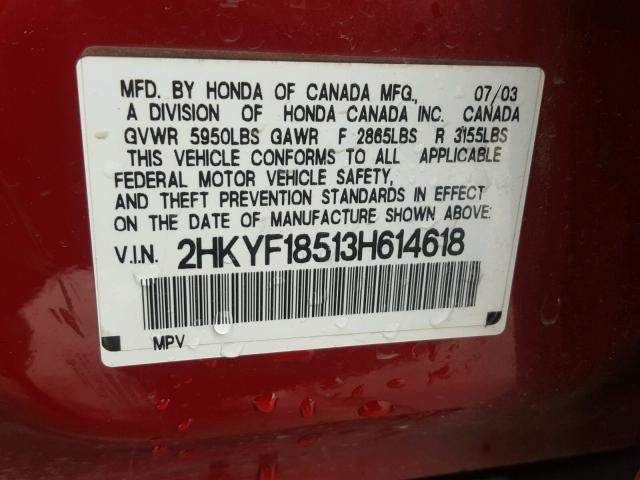 2HKYF18513H614618 - 2003 HONDA PILOT EXL RED photo 10