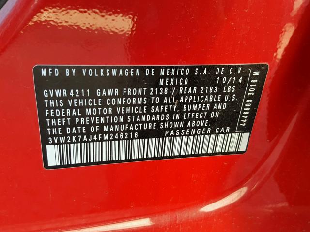 3VW2K7AJ4FM246216 - 2015 VOLKSWAGEN JETTA BASE RED photo 10