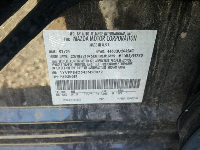 1YVFP84D545N50072 - 2004 MAZDA 6 S BLACK photo 10