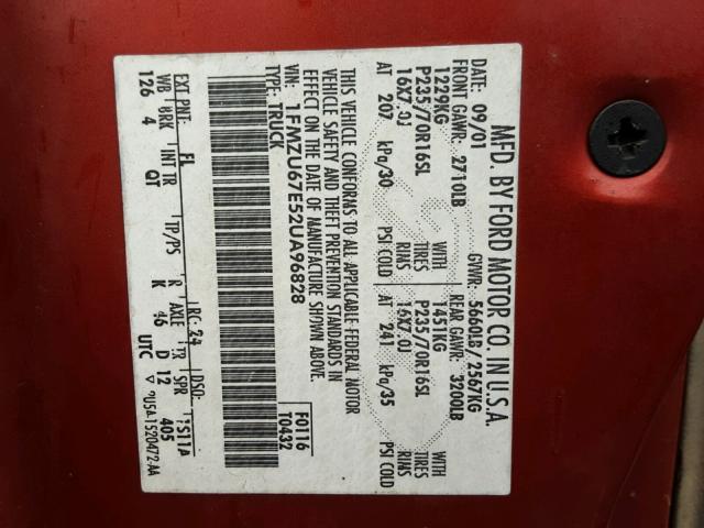 1FMZU67E52UA96828 - 2002 FORD EXPLORER S MAROON photo 10