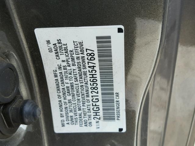 2HGFG12856H547687 - 2006 HONDA CIVIC EX GRAY photo 10