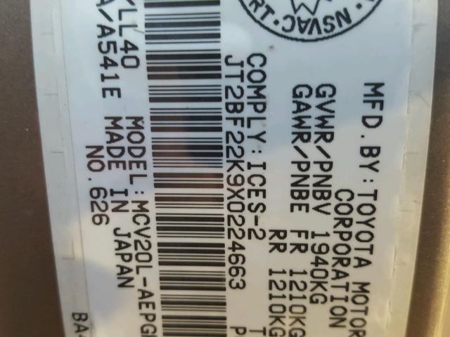 JT2BF22K9X0224663 - 1999 TOYOTA CAMRY LE ყავისფერი ფოტო 10