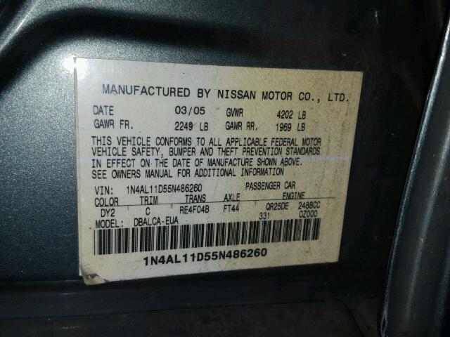 1N4AL11D55N486260 - 2005 NISSAN ALTIMA S GREEN photo 10