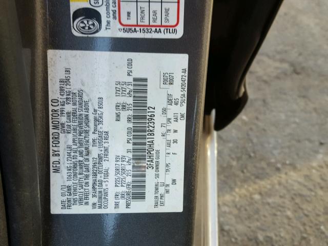 3FAHP0HA1BR239612 - 2011 FORD FUSION SE GRAY photo 10