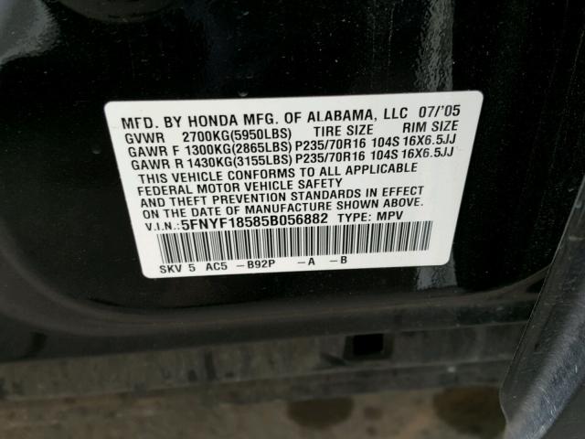 5FNYF18585B056882 - 2005 HONDA PILOT EXL BLACK photo 10