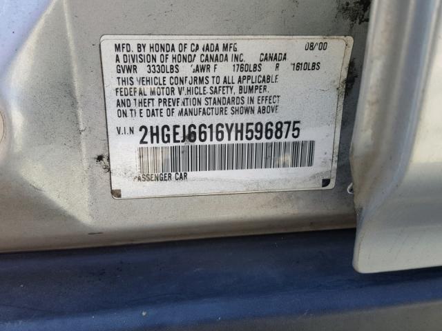 2HGEJ6616YH596875 - 2000 HONDA CIVIC BASE 银色 照片 10