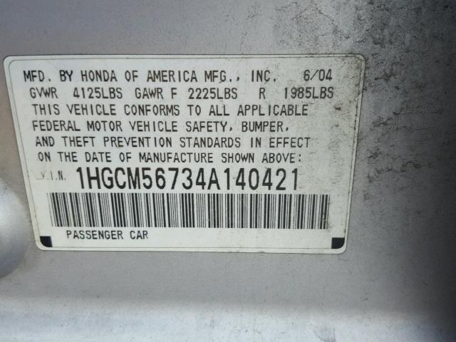 1HGCM56734A140421 - 2004 HONDA ACCORD EX SILVER photo 10