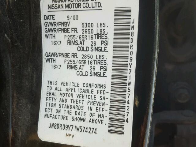 JN8DR09Y71W574274 - 2001 NISSAN PATHFINDER BLACK photo 10