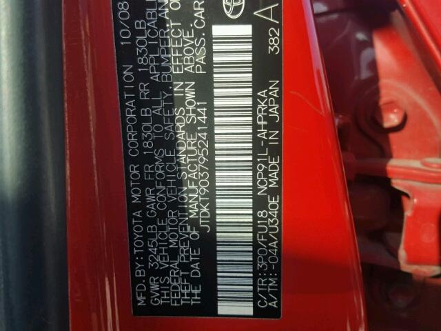 JTDKT903795241441 - 2009 TOYOTA YARIS RED photo 10