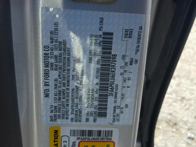 3FA6P0LU6ER397098 - 2014 FORD FUSION SE SILVER photo 10