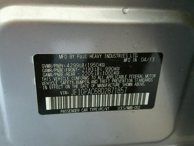 JF1GPAC68D2871857 - 2013 SUBARU IMPREZA PR SILVER photo 10