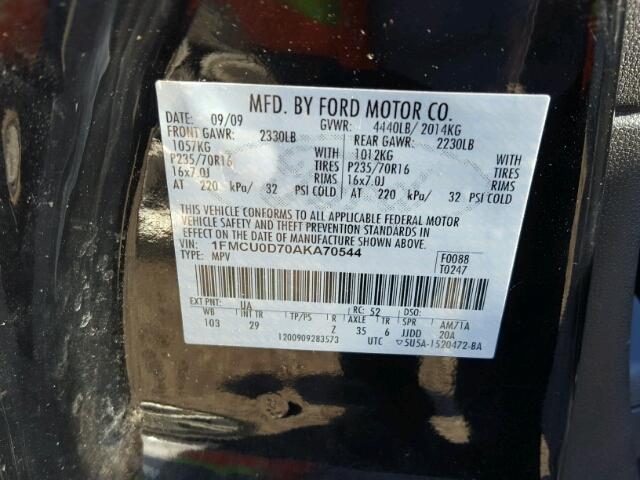 1FMCU0D70AKA70544 - 2010 FORD ESCAPE XLT BLACK photo 10