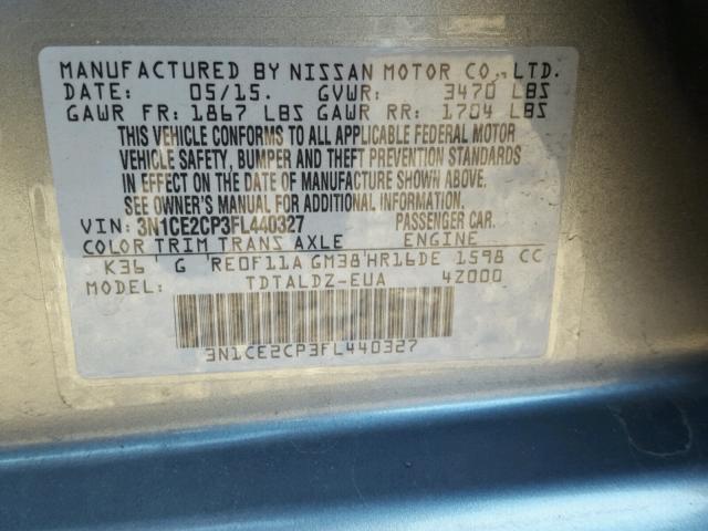 3N1CE2CP3FL440327 - 2015 NISSAN VERSA NOTE SILVER photo 10