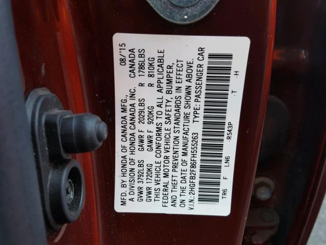 2HGFB2F86FH555263 - 2015 HONDA CIVIC EX RED photo 10