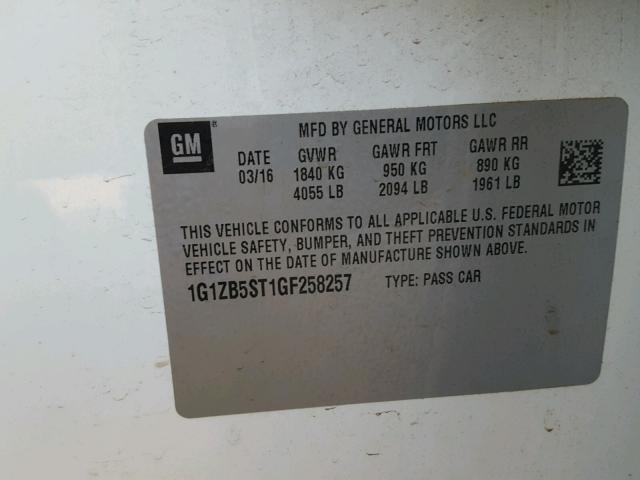 1G1ZB5ST1GF258257 - 2016 CHEVROLET MALIBU LS WHITE photo 10