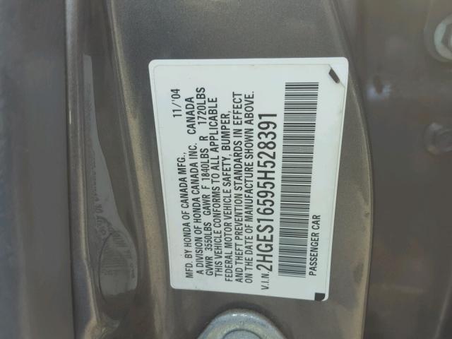 2HGES16595H528391 - 2005 HONDA CIVIC LX SILVER photo 10