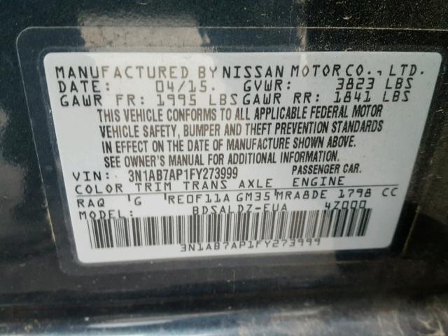 3N1AB7AP1FY273999 - 2015 NISSAN SENTRA S BLUE photo 10