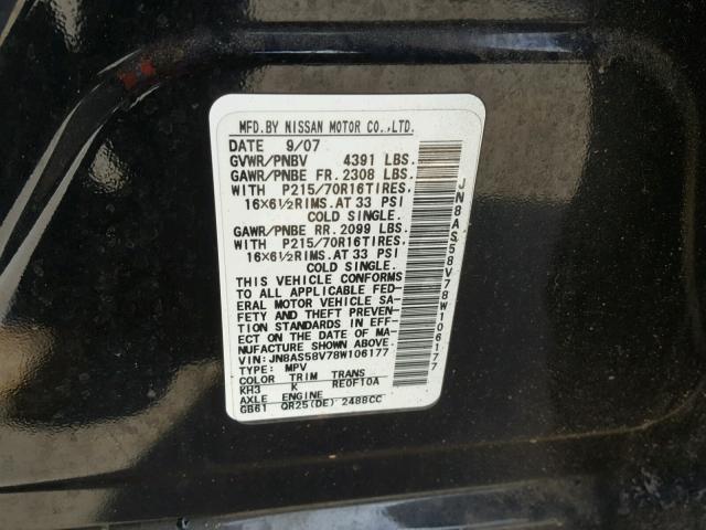 JN8AS58V78W106177 - 2008 NISSAN ROGUE S BLACK photo 10