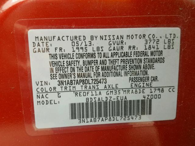 3N1AB7AP8DL725473 - 2013 NISSAN SENTRA S RED photo 10