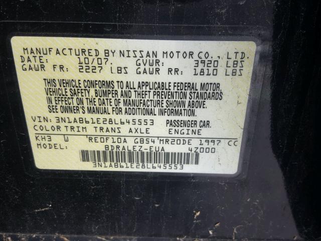 3N1AB61E28L645553 - 2008 NISSAN SENTRA 2.0 BLACK photo 10