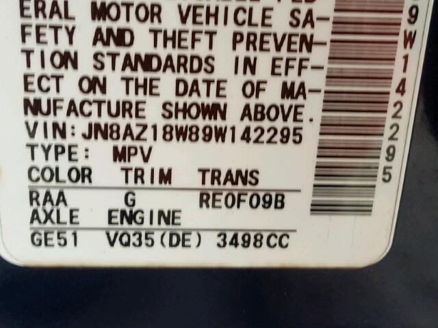 JN8AZ18W89W142295 - 2009 NISSAN MURANO S BLUE photo 10