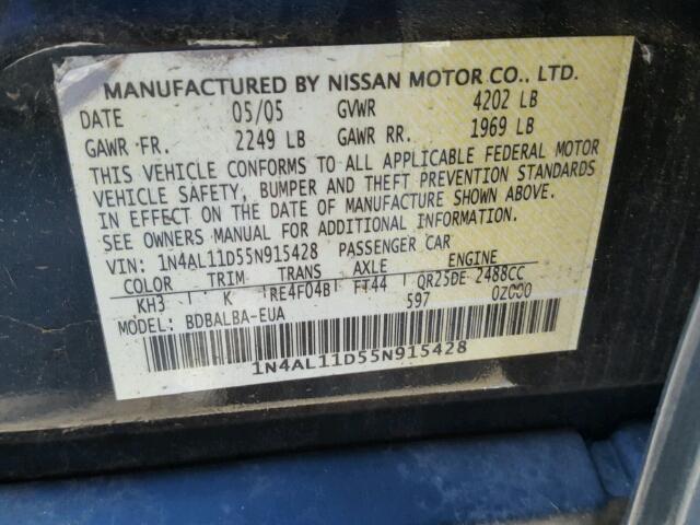 1N4AL11D55N915428 - 2005 NISSAN ALTIMA S BLUE photo 10