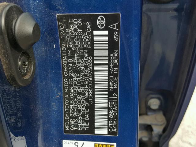 JTDKB20U587738686 - 2008 TOYOTA PRIUS BLUE photo 10