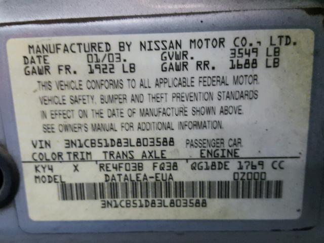 3N1CB51D83L803588 - 2003 NISSAN SENTRA XE SILVER photo 10