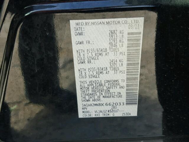 5N1AR2MN8DC662033 - 2013 NISSAN PATHFINDER BLACK photo 10