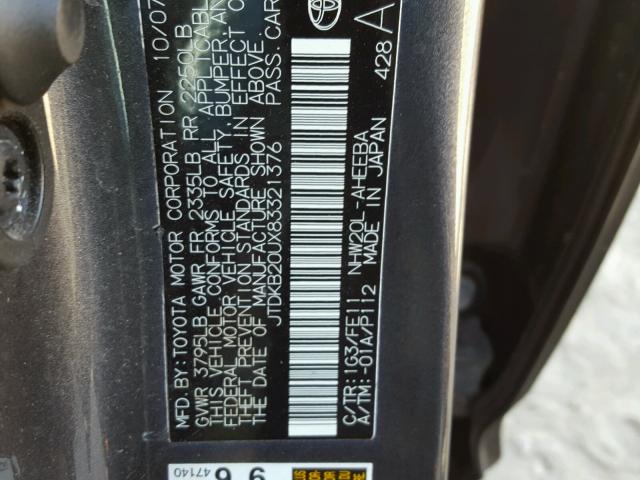 JTDKB20UX83321376 - 2008 TOYOTA PRIUS GRAY photo 10