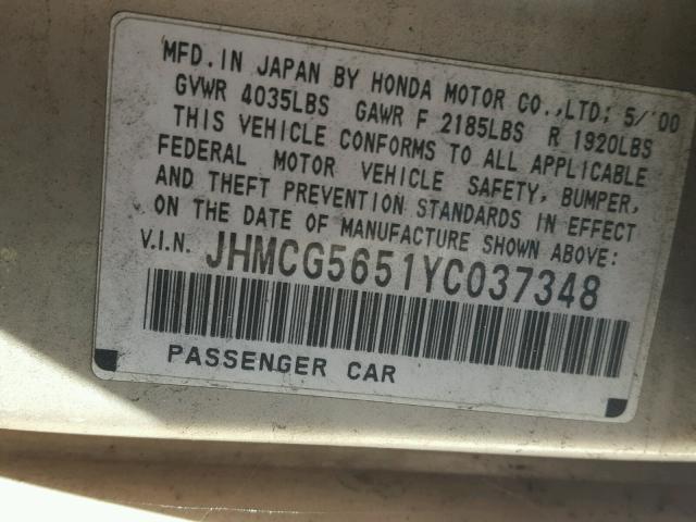 JHMCG5651YC037348 - 2000 HONDA ACCORD EX GOLD photo 10