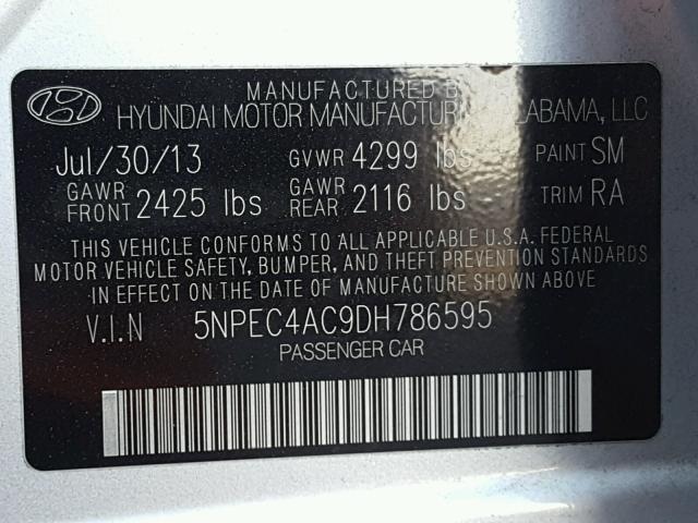 5NPEC4AC9DH786595 - 2013 HYUNDAI SONATA SE SILVER photo 10