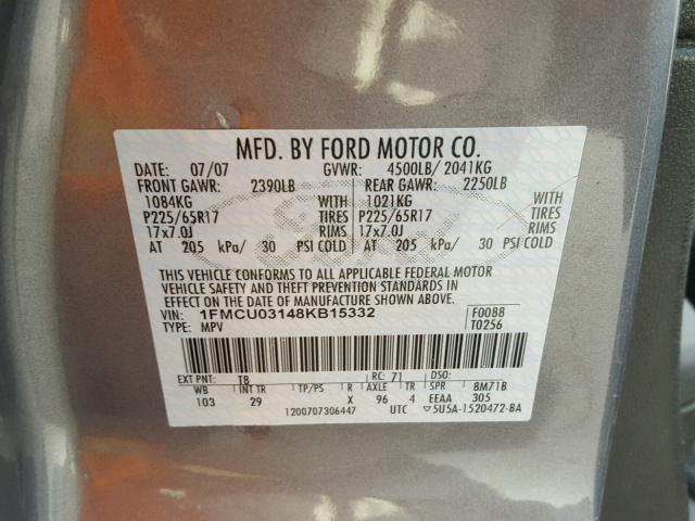 1FMCU03148KB15332 - 2008 FORD ESCAPE XLT GRAY photo 10