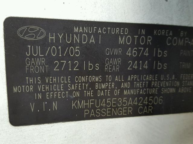 KMHFU45E35A424506 - 2005 HYUNDAI XG 350 WHITE photo 10