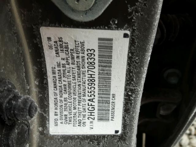 2HGFA55598H708393 - 2008 HONDA CIVIC SI GRAY photo 10