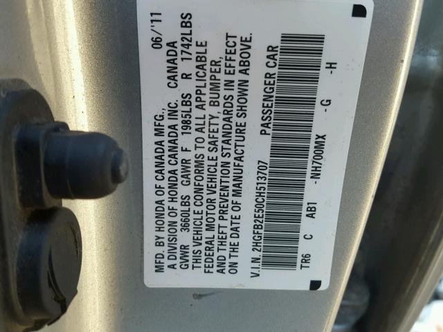 2HGFB2E50CH513707 - 2012 HONDA CIVIC LX SILVER photo 10