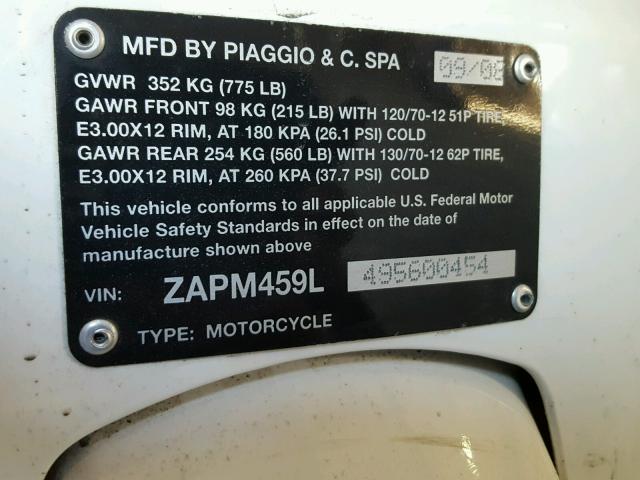 ZAPM459L495600454 - 2009 VESPA GTS 250 WHITE photo 10