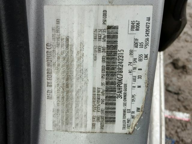 3FAHP0KC7BR242315 - 2011 FORD FUSION SPO SILVER photo 10