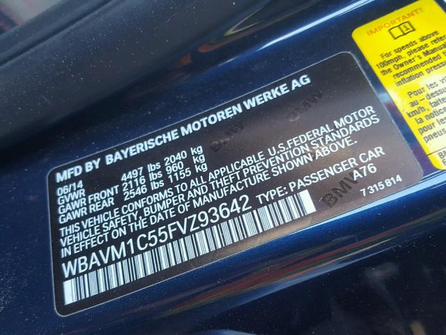 WBAVM1C55FVZ93642 - 2015 BMW X1 SDRIVE2 蓝色 照片 10