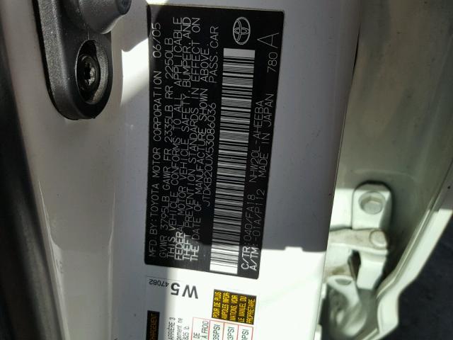 JTDKB20UX53086036 - 2005 TOYOTA PRIUS WHITE photo 10