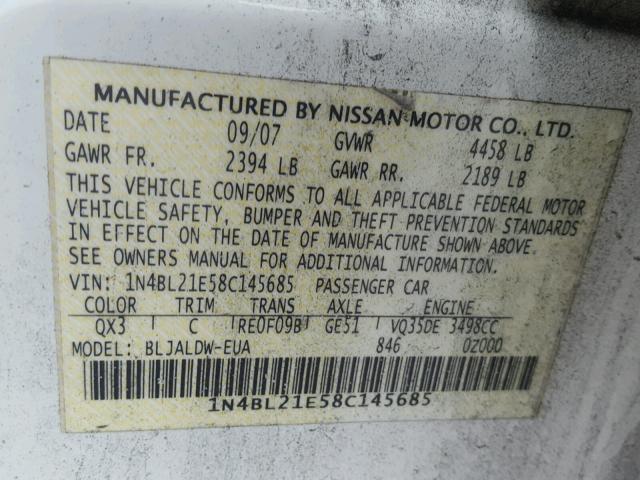 1N4BL21E58C145685 - 2008 NISSAN ALTIMA 3.5 WHITE photo 10