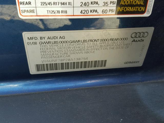 WAUNF78P28A138754 - 2008 AUDI A3 2.0 PRE BLUE photo 10