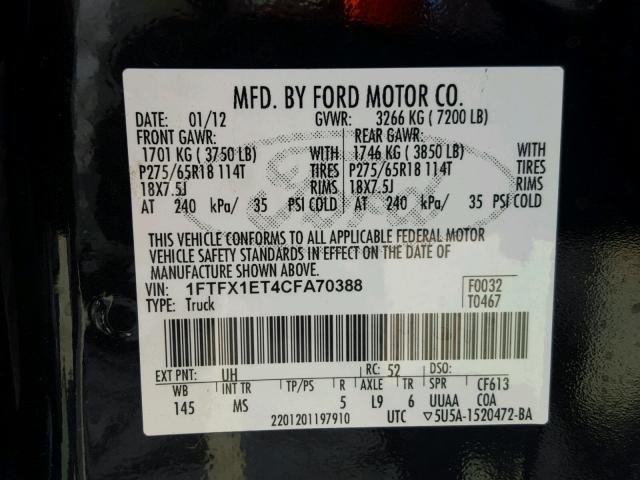 1FTFX1ET4CFA70388 - 2012 FORD F150 SUPER BLACK photo 10