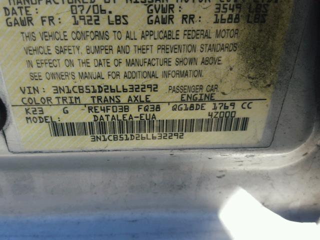 3N1CB51D26L632292 - 2006 NISSAN SENTRA 1.8 SILVER photo 10