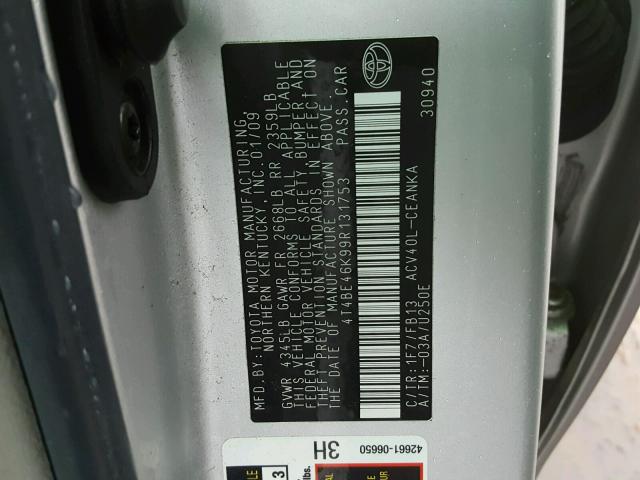 4T4BE46K99R131753 - 2009 TOYOTA CAMRY BASE SILVER photo 10