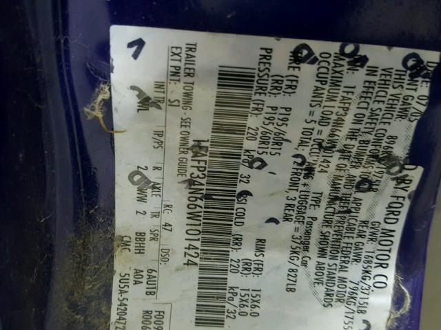 1FAFP34N66W101424 - 2006 FORD FOCUS ZX4 BLUE photo 10