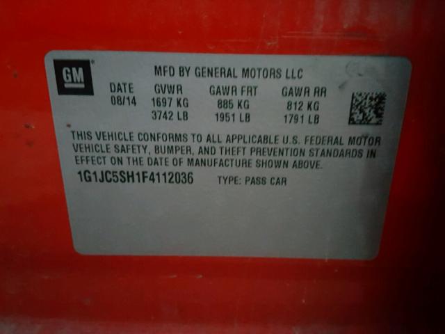 1G1JC5SH1F4112036 - 2015 CHEVROLET SONIC LT 红色 照片 10