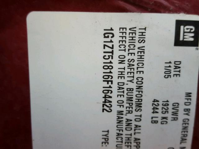 1G1ZT51816F164422 - 2006 CHEVROLET MALIBU LT BURGUNDY photo 10