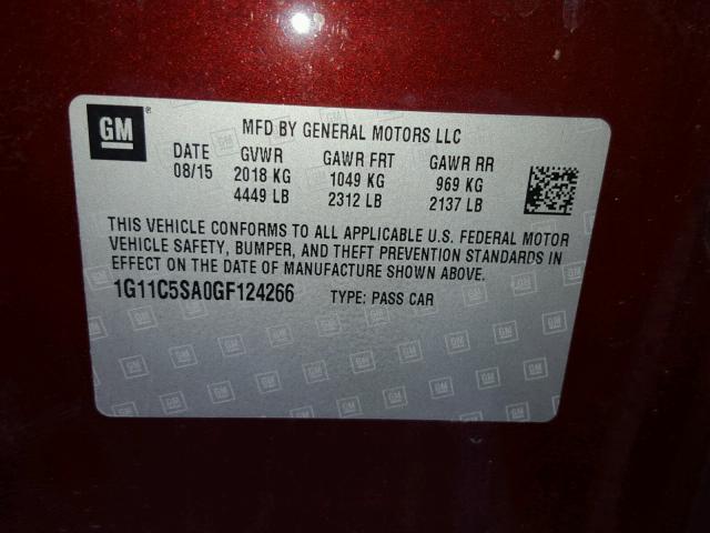 1G11C5SA0GF124266 - 2016 CHEVROLET MALIBU LIM 勃艮第红 照片 10