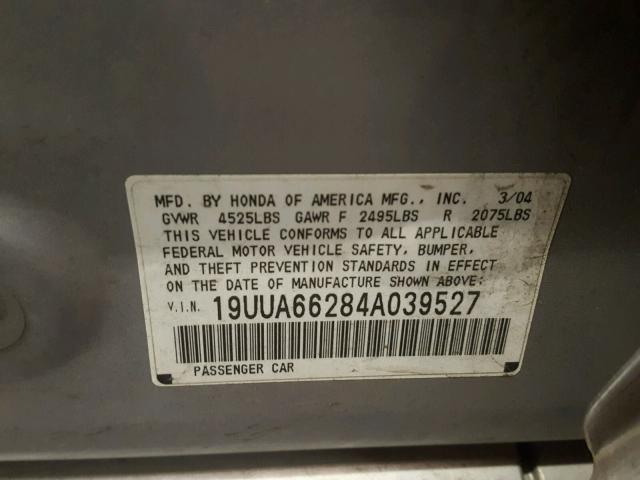 19UUA66284A039527 - 2004 ACURA TL SILVER photo 10